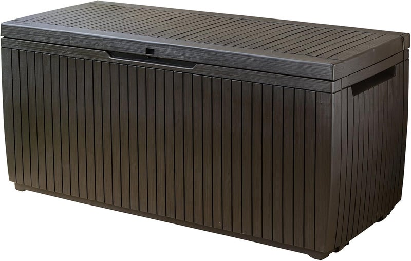 Keter Springwood 80 Gallon Resin Outdoor Storage Box for Patio Furniture Cushions, Pool Toys, and Garden Tools with Handles, Brown - Image 1