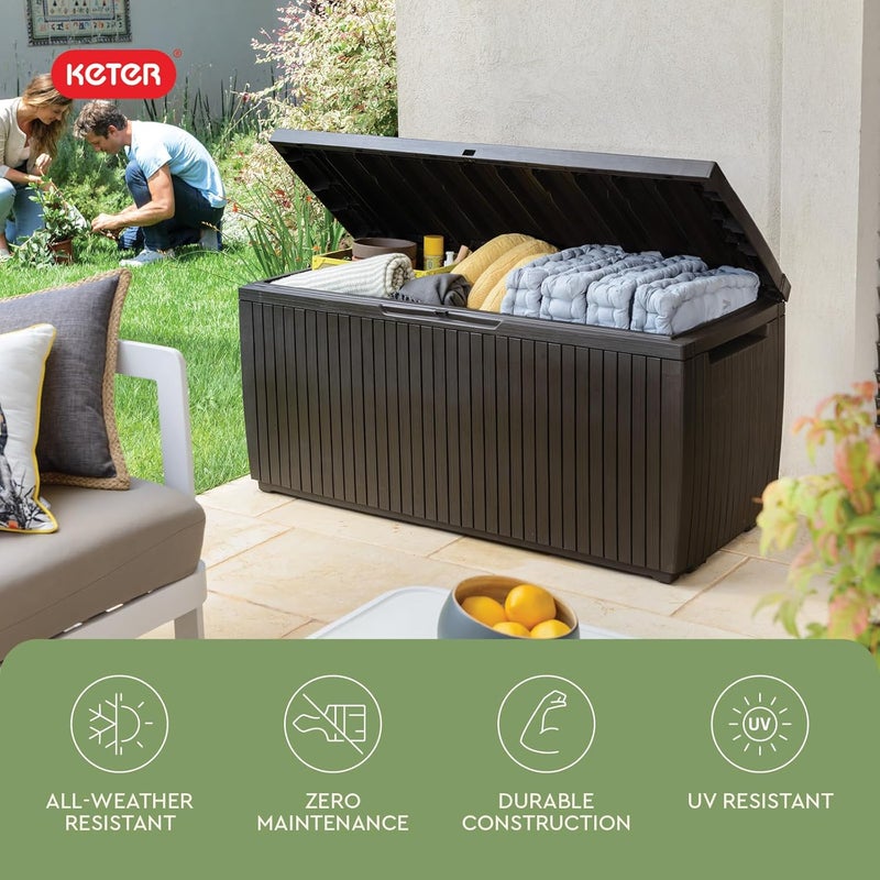 Keter Springwood 80 Gallon Resin Outdoor Storage Box for Patio Furniture Cushions, Pool Toys, and Garden Tools with Handles, Brown - Image 5