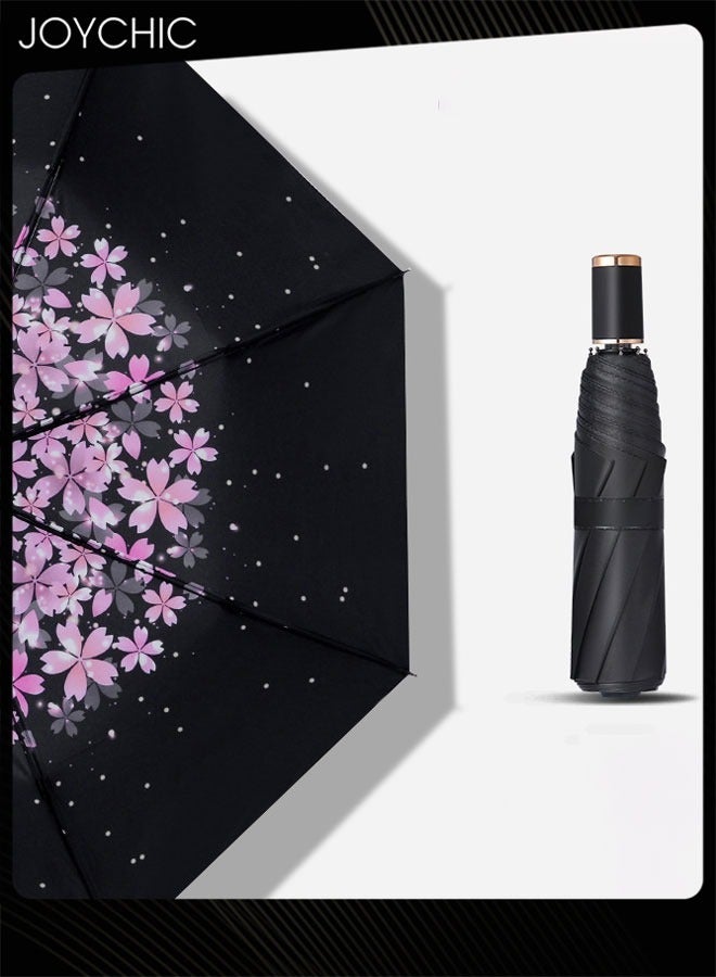 Joychic مظلة مضادة للأشعة فوق البنفسجية بطباعة الشمس والمطر مع 8 أضلاع مظلة سفر قابلة للطي أسود/وردي - Image 1