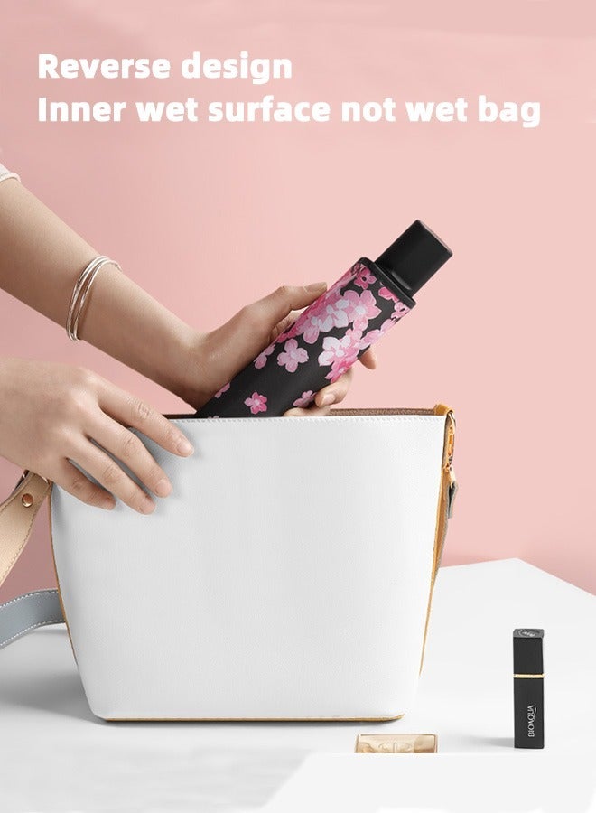 Joychic مظلة مضادة للأشعة فوق البنفسجية بطباعة الشمس والمطر مع 8 أضلاع مظلة سفر قابلة للطي أسود/وردي - Image 4