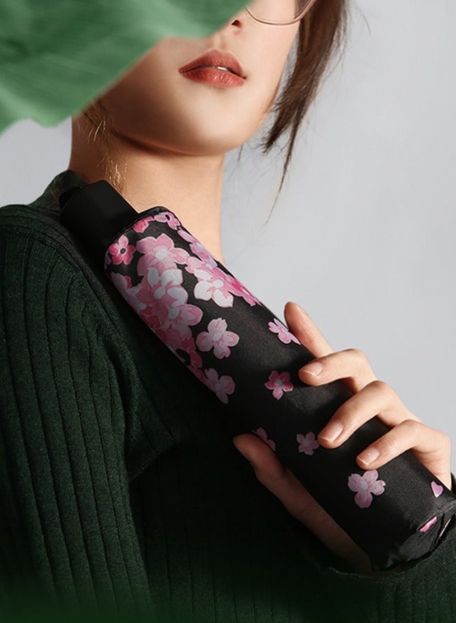 Joychic مظلة مضادة للأشعة فوق البنفسجية بطباعة الشمس والمطر مع 8 أضلاع مظلة سفر قابلة للطي أسود/وردي - Image 5