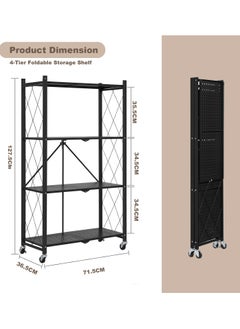 ACPLAY 4 Tier Thickened Foldable Storage Rack with Wheels,No Assembly,Large Capacity Shelves,Heavy-Duty Metal Shelving Unit Rolling Cart for Garage, Kitchen, Basement, Pantry(Black, 4-Tier)  - Image 2