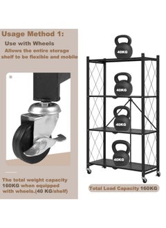 ACPLAY 4 Tier Thickened Foldable Storage Rack with Wheels,No Assembly,Large Capacity Shelves,Heavy-Duty Metal Shelving Unit Rolling Cart for Garage, Kitchen, Basement, Pantry(Black, 4-Tier)  - Image 4