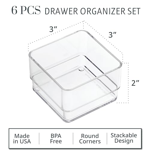STORi SimpleSort 6-Piece Stackable Clear Drawer Organizer Set | 3" x 3" x 2" Square Trays | Small Makeup Vanity Storage Bins and Office Desk Drawer Dividers | Made in USA - Image 2