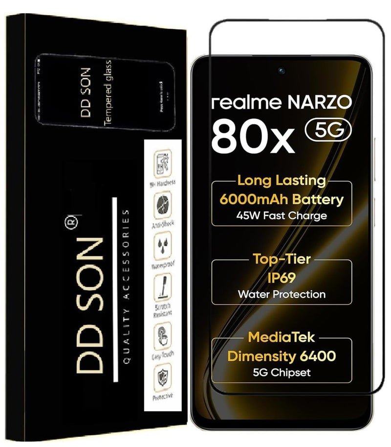 DD SON Tempered Glass Screen Protector Compatible for Realme NARZO 80x 5G / Realme P3x 5G with Edge to Edge Coverage and Easy Installation kit,Black - Image 1