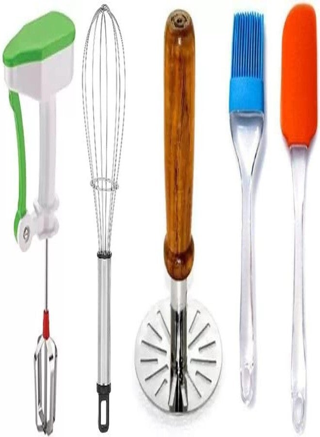 OMORTEX Daily Kitchen Use Combo of Powerfull Blender Wooden Bhaji Masher Whisk Spatula & Brush (Pack of 5) Kitchen Tool Set - Image 1