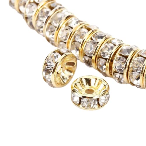 Allb 100Pcs Rondelle Spacer Beads 10mm Silver Plated Czech Crystal Rhinestone for Jewelry Making Loose Beads for Bracelets gold