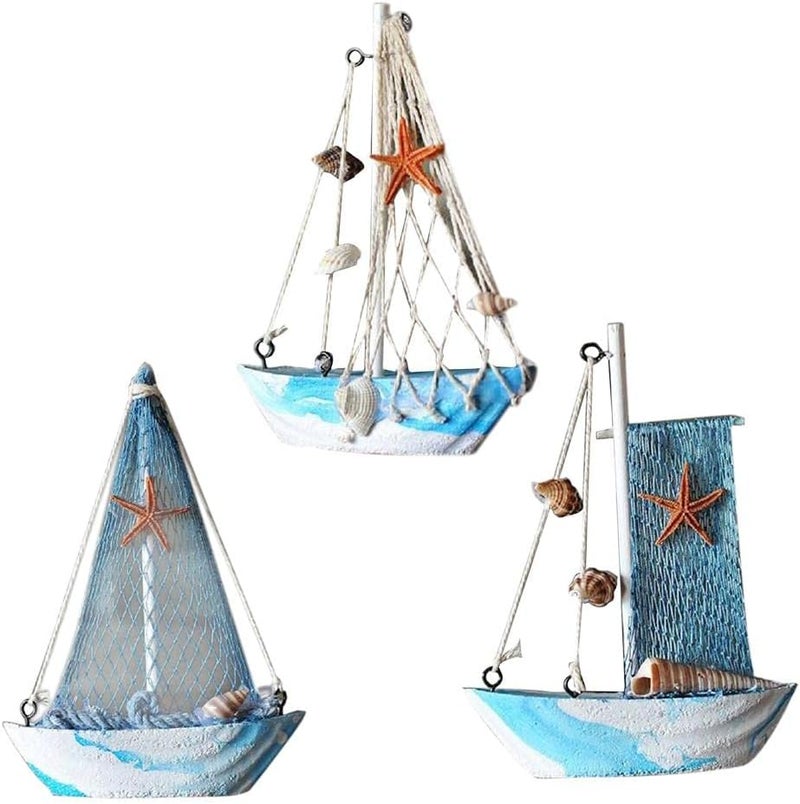 klarako 3Pieces Handcrafted Wooden Nautical Fish Net Sailing Ornament Home Desktop Decor - Image 1