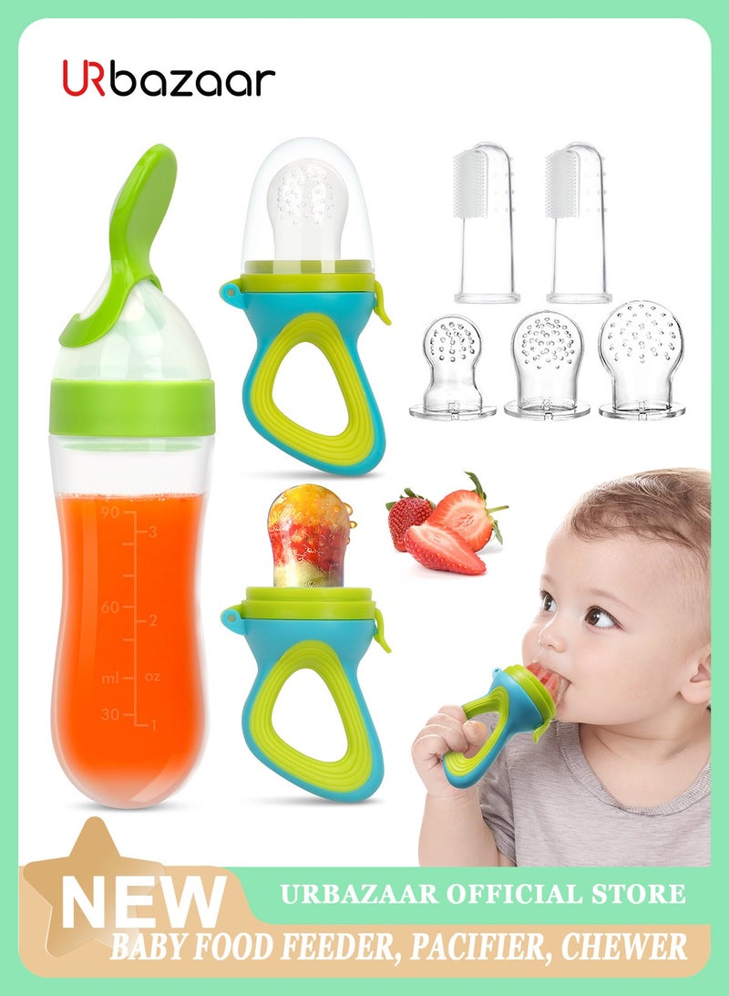 أوربازار عبوة من قطعتين من مغذي الفاكهة للأطفال مع أكياس سيليكون خالية من مادة BPA بثلاثة أحجام | موزع طعام مناسب للسفر | يتضمن فرشتي أسنان وملعقة للأطفال الصغار والرضع - Image 1