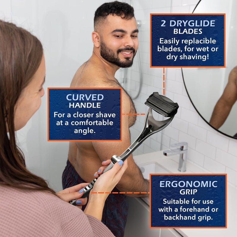 Bakblade 2.0 SilverBak Back Shavers for Men: DIY Hair Shaver, Safety Blade Technology & Ergonomic Handle, Wet & Dry Shaving (Extra Blades Included) - Image 4
