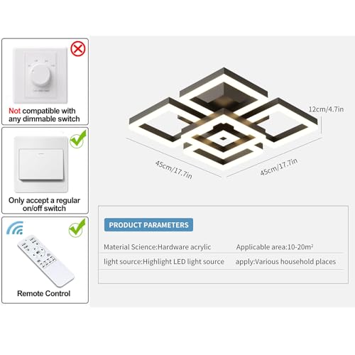 GEADI Modern LED Ceiling Light, 64W Dimmable Black Flush Mount Light 5-Square Ceiling Lamp with Remote Control, Acrylic Ceiling Chandelier Lighting for Living Room Bedroom Office, 3000K-6500K - Image 4