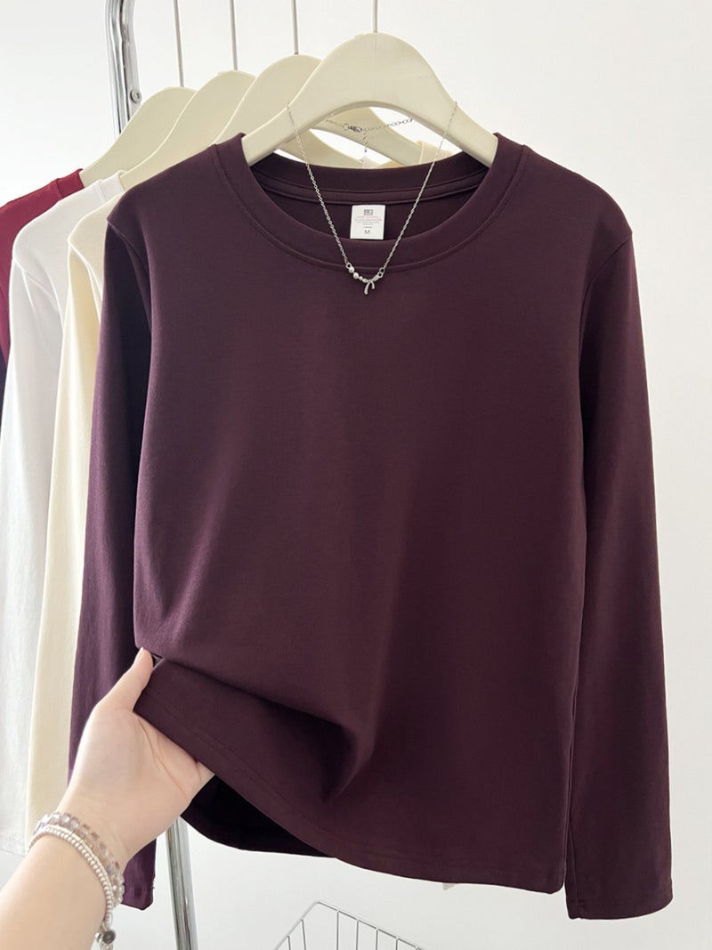 Korean version of full-shoulder round-neck long-sleeved T-shirt for women's fashion and versatile early autumn new student inner layer top - Image 3