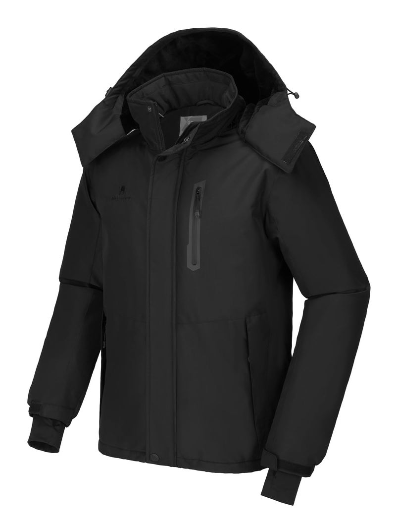 CAMEL CROWN Men's Ski Snow Jacket Waterproof Winter Snow Coat Windproof Warm Fleece Lining Hooded Parka Rain Jacket Pure Black S - Image 1