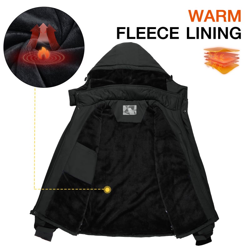 CAMEL CROWN Men's Ski Snow Jacket Waterproof Winter Snow Coat Windproof Warm Fleece Lining Hooded Parka Rain Jacket Pure Black S - Image 5