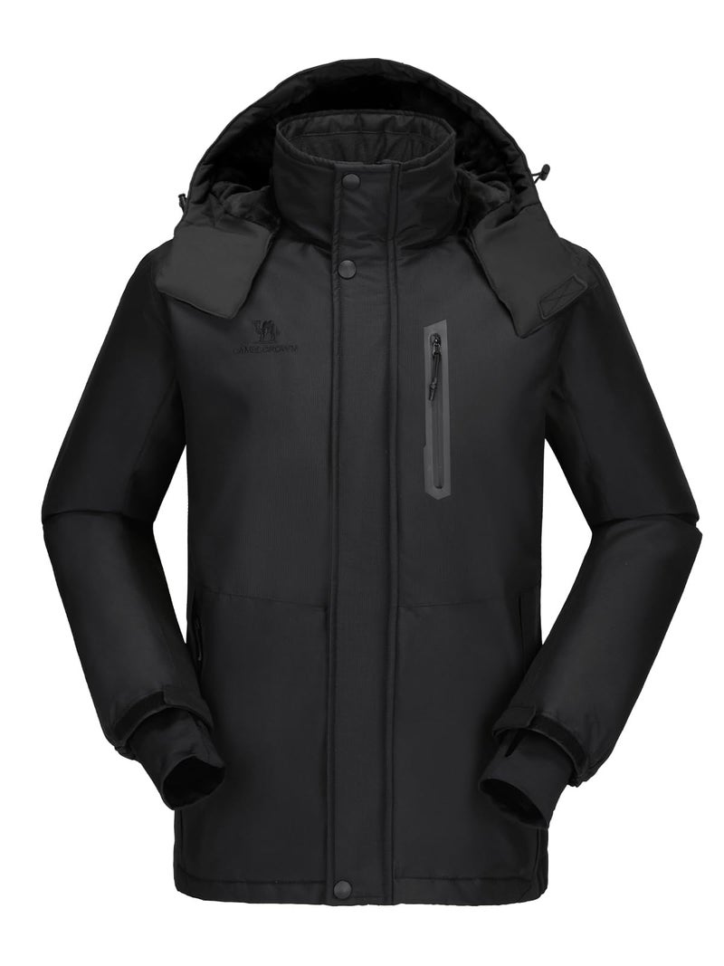 CAMEL CROWN Men's Ski Snow Jacket Waterproof Winter Snow Coat Windproof Warm Fleece Lining Hooded Parka Rain Jacket Pure Black S - Image 2