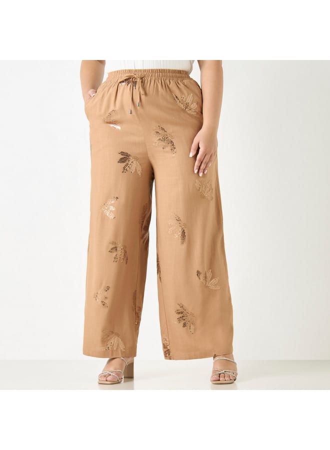 Ulla Popken Plus Size Ulla Popken All-Over Embellished Wide Leg Pants with Drawstring Closure and Pockets  - Image 1