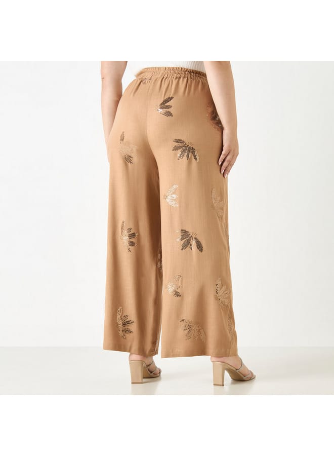 Ulla Popken Plus Size Ulla Popken All-Over Embellished Wide Leg Pants with Drawstring Closure and Pockets  - Image 3
