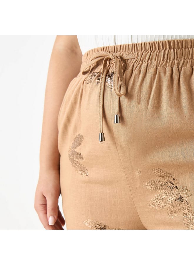 Ulla Popken Plus Size Ulla Popken All-Over Embellished Wide Leg Pants with Drawstring Closure and Pockets  - Image 4
