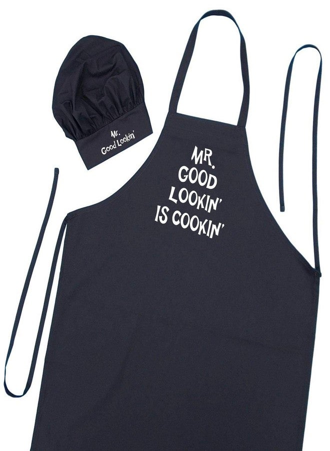CoolAprons Apron and Chef Hat Set Mr. Good Lookin' Is Cookin', Black, BBQ Gift For Men, Funny Men's Aprons - Image 1