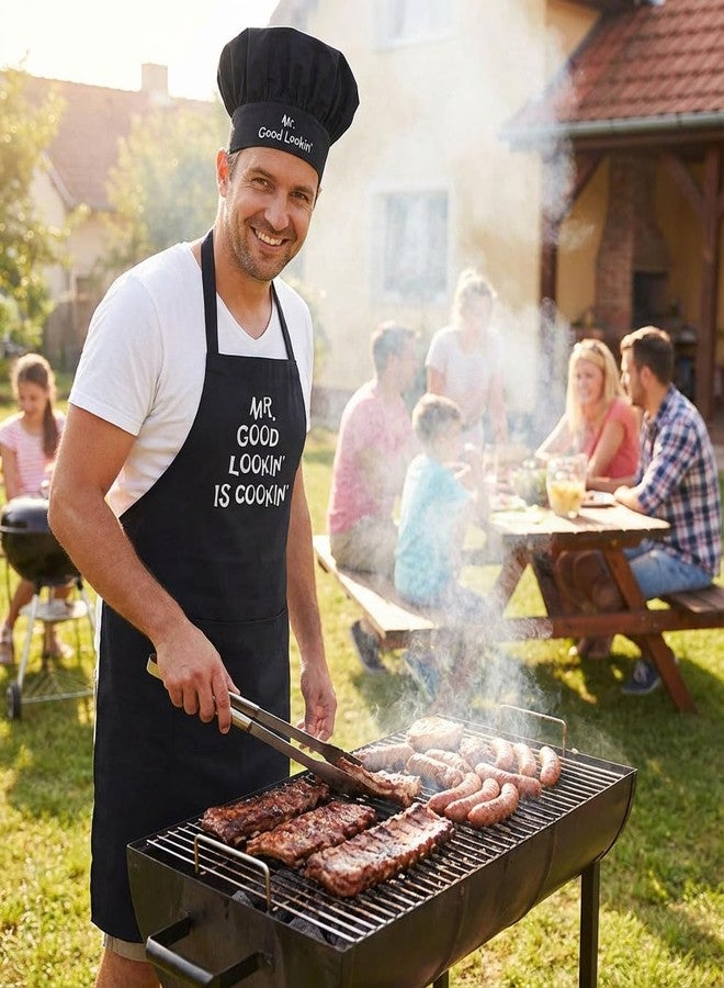 CoolAprons Apron and Chef Hat Set Mr. Good Lookin' Is Cookin', Black, BBQ Gift For Men, Funny Men's Aprons - Image 2