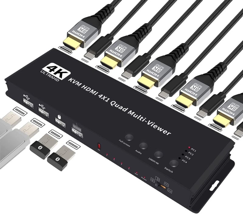 Tobo 4K HDMI Multiviewer 4 in 1 Out 1080P, 4 Ports Quad KVM swich, Seamless Switch 5 Viewing Modes，Shares 4 USB Devices on 4 Computers(HDMI-4x1-KVM) - Image 1