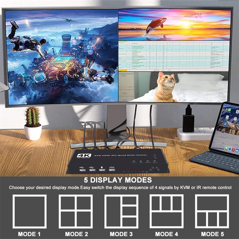 Tobo 4K HDMI Multiviewer 4 in 1 Out 1080P, 4 Ports Quad KVM swich, Seamless Switch 5 Viewing Modes，Shares 4 USB Devices on 4 Computers(HDMI-4x1-KVM) - Image 5