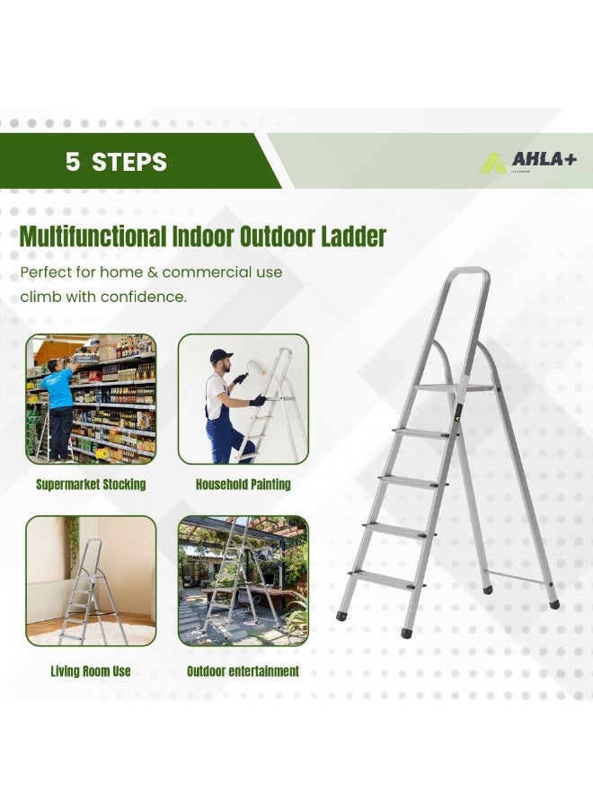 Egardenkart سلم خطوة من الألمنيوم من إي غاردن كارت للمنزل - 5 خطوات | سلم قابل للطي ومضاد للانزلاق للمنزل والمطبخ والحديقة والمكتب | سلم خفيف الوزن وقابل للطي مع مقبض (فضي) - Image 4