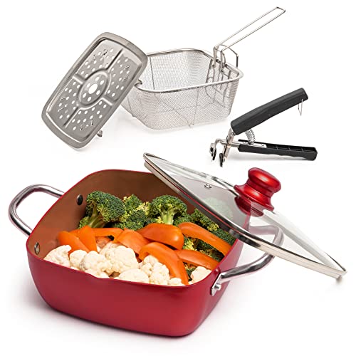 Moss & Stone 5 Pcs Red Copper Chef Cookware Non Stick Deep Frying Pan, Fry Basket, Steamer Rack, Dishwasher & Oven Safe, 5 Qt Deep Square Pan, Induction Copper Cookware Set - 9.5" x 3.5" - Image 1