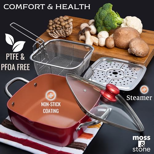 Moss & Stone 5 Pcs Red Copper Chef Cookware Non Stick Deep Frying Pan, Fry Basket, Steamer Rack, Dishwasher & Oven Safe, 5 Qt Deep Square Pan, Induction Copper Cookware Set - 9.5" x 3.5" - Image 5
