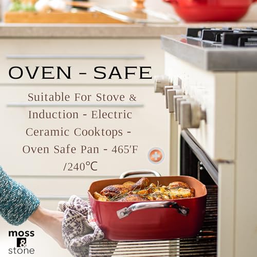 Moss & Stone 5 Pcs Red Copper Chef Cookware Non Stick Deep Frying Pan, Fry Basket, Steamer Rack, Dishwasher & Oven Safe, 5 Qt Deep Square Pan, Induction Copper Cookware Set - 9.5" x 3.5" - Image 4