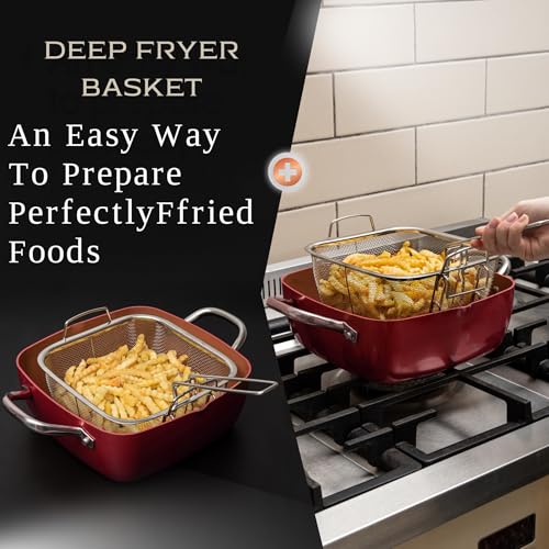 Moss & Stone 5 Pcs Red Copper Chef Cookware Non Stick Deep Frying Pan, Fry Basket, Steamer Rack, Dishwasher & Oven Safe, 5 Qt Deep Square Pan, Induction Copper Cookware Set - 9.5" x 3.5" - Image 3