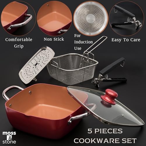 Moss & Stone 5 Pcs Red Copper Chef Cookware Non Stick Deep Frying Pan, Fry Basket, Steamer Rack, Dishwasher & Oven Safe, 5 Qt Deep Square Pan, Induction Copper Cookware Set - 9.5" x 3.5" - Image 2