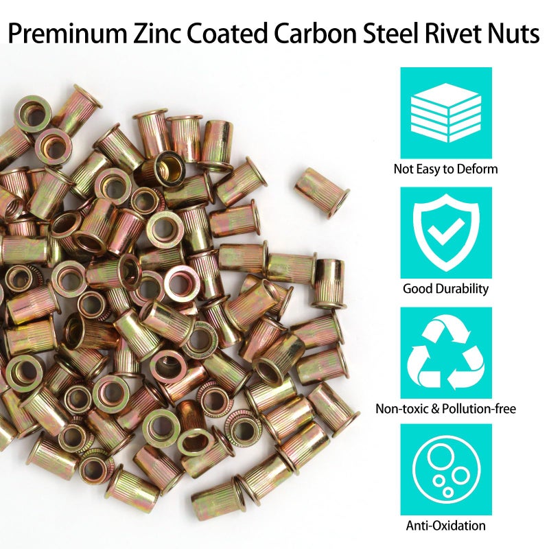 ZHMEINA 100PCS M8 Rivet Nuts, Carbon Steel Flat Head Rivnut, Metric Zinc Plated Finish Rivet Nut, Threaded Rivets Insert Nutsert Kit for Automotive, Furniture, Decoration - Image 4