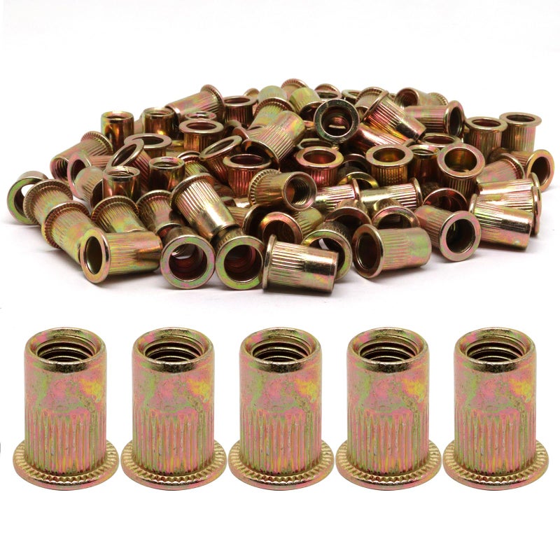 ZHMEINA 100PCS M8 Rivet Nuts, Carbon Steel Flat Head Rivnut, Metric Zinc Plated Finish Rivet Nut, Threaded Rivets Insert Nutsert Kit for Automotive, Furniture, Decoration - Image 1