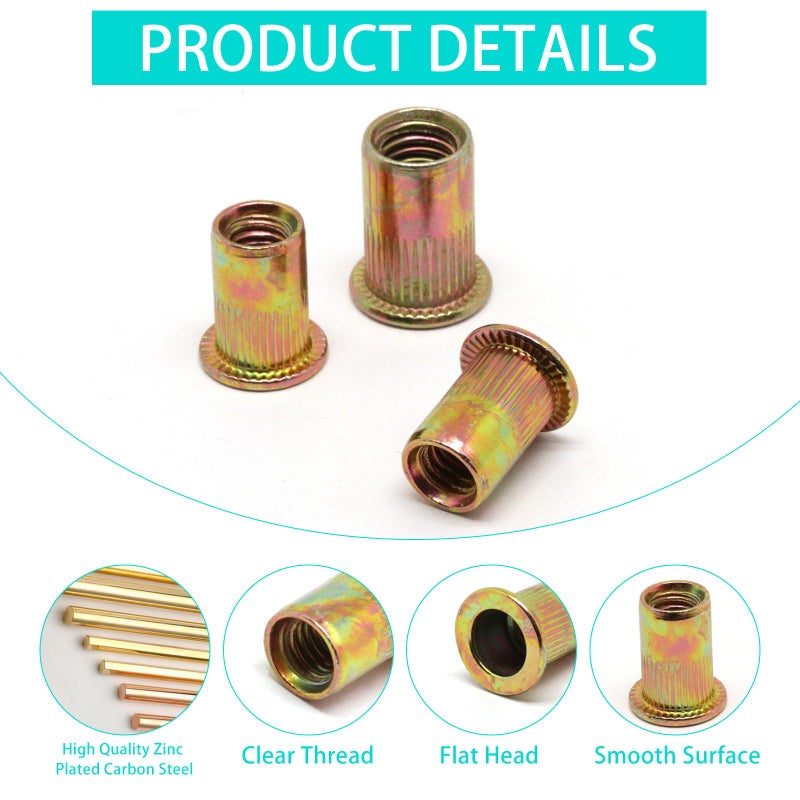 ZHMEINA 100PCS M8 Rivet Nuts, Carbon Steel Flat Head Rivnut, Metric Zinc Plated Finish Rivet Nut, Threaded Rivets Insert Nutsert Kit for Automotive, Furniture, Decoration - Image 3
