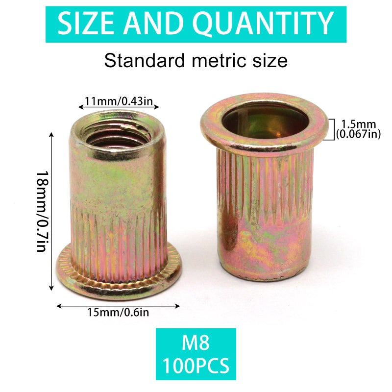 ZHMEINA 100PCS M8 Rivet Nuts, Carbon Steel Flat Head Rivnut, Metric Zinc Plated Finish Rivet Nut, Threaded Rivets Insert Nutsert Kit for Automotive, Furniture, Decoration - Image 2