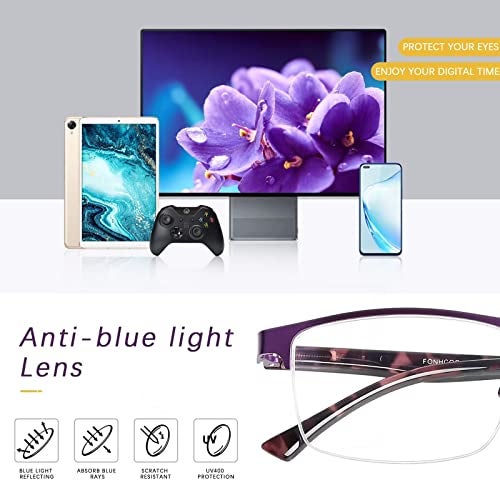 FONHCOO Reading Glasses for Women Men, Blue Light Blocking Reading Glasses Metal Half Frame Computer Readers (Purple 1.5) - Image 5