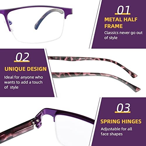 FONHCOO Reading Glasses for Women Men, Blue Light Blocking Reading Glasses Metal Half Frame Computer Readers (Purple 1.5) - Image 4