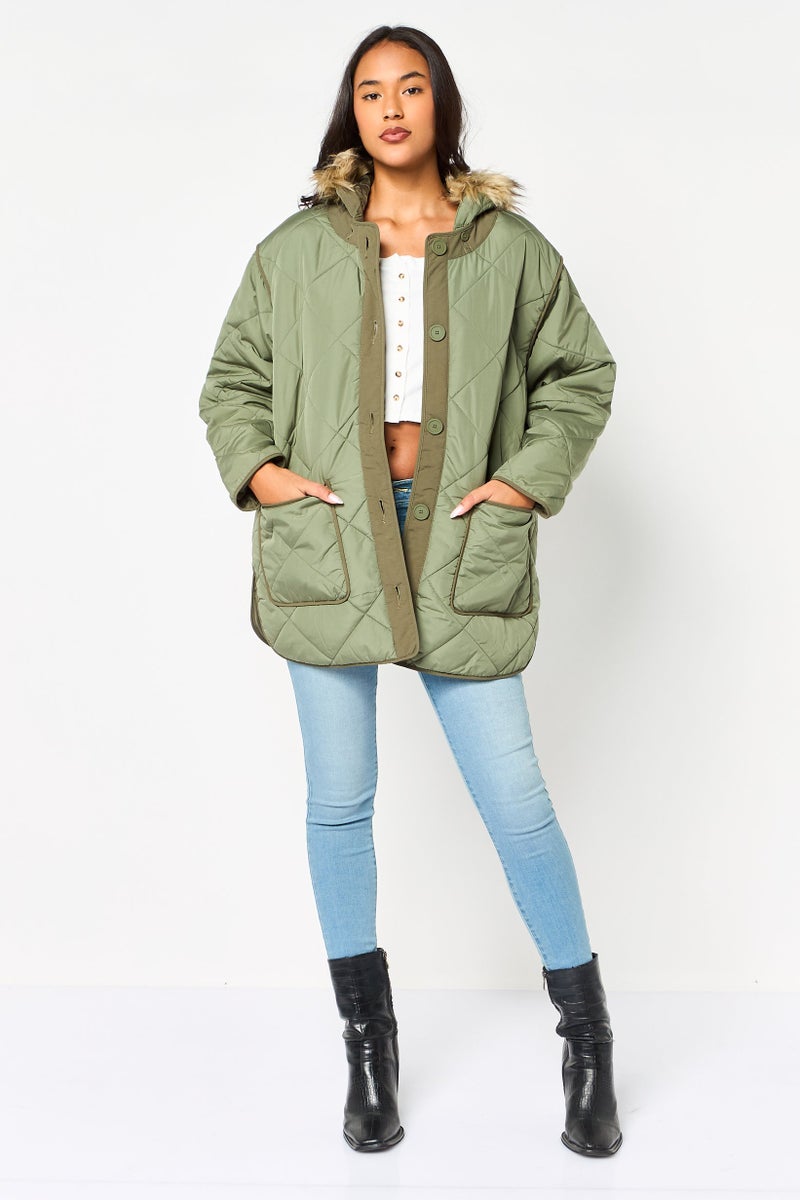 American Eagle Women Quilted Puffer Jacket, Olive - Image 2