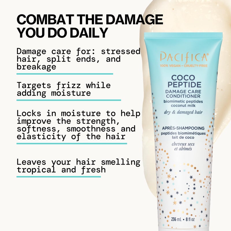 Pacifica Coco Peptide Damage Care Shampoo & Conditioner Set â€“ Repairing Hair Care for Dry Damaged Hair Vegan Collagen & Peptides for Split Ends & Breakage Sulfate Free Clean Vegan Dermatologist Tested - Image 3