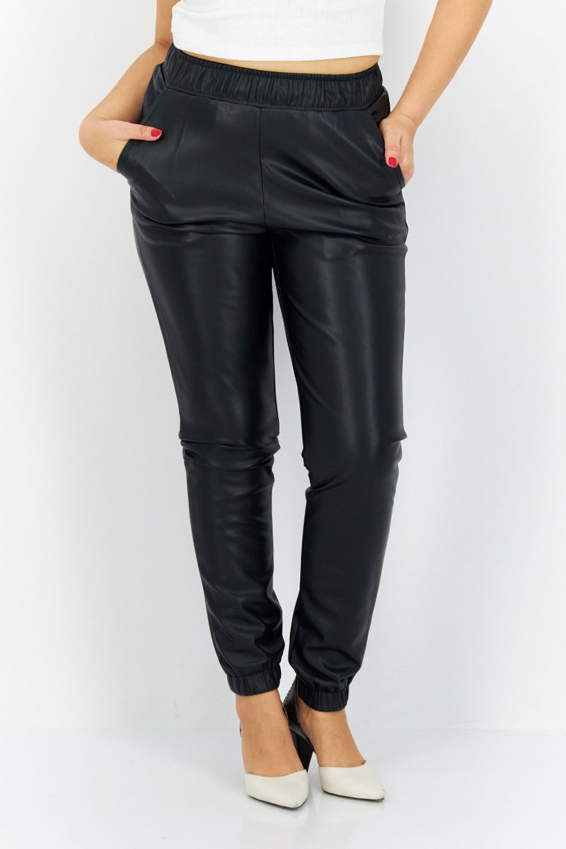 Weworewhat Women Regular Fit Plain Leather Jogger Pant, Black - Image 1