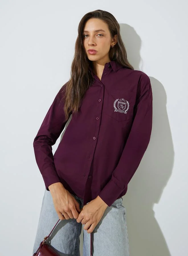 Styli Burgundy Oversized Shirt with Embroidered Pocket