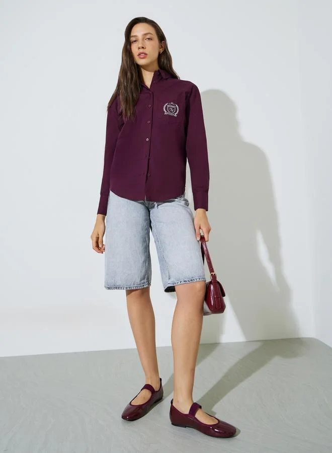 Styli Burgundy Oversized Shirt with Embroidered Pocket
