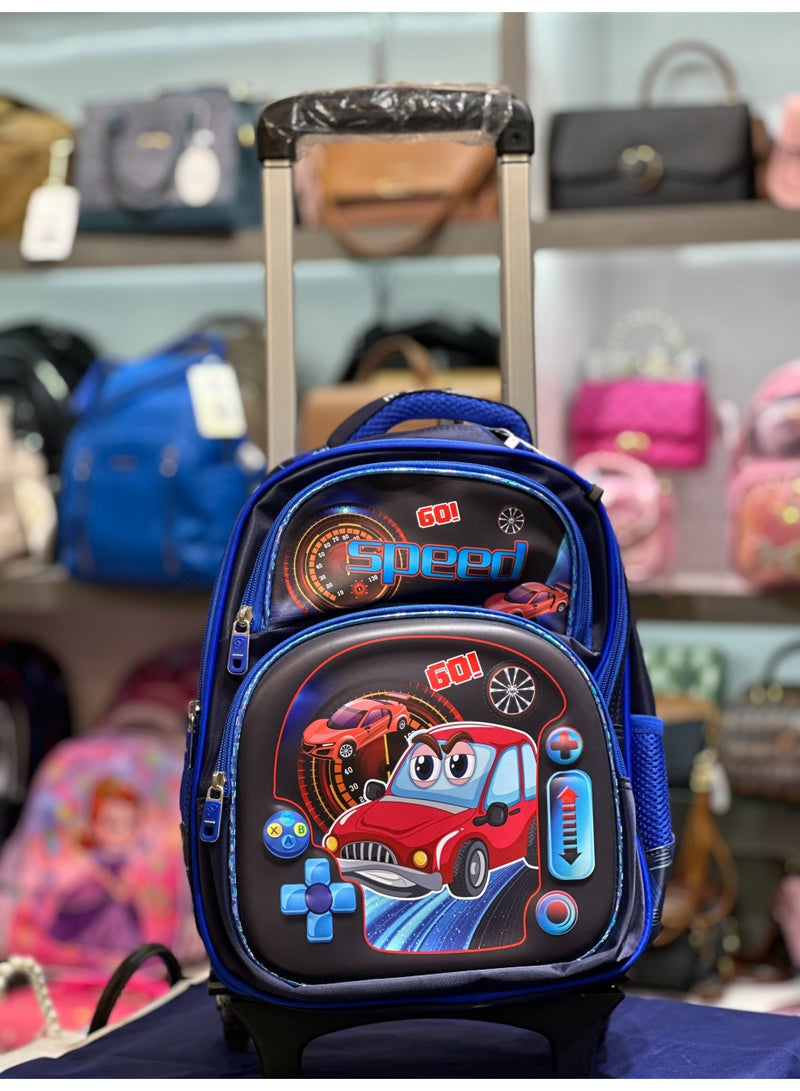 RIMAGE Kids Rolling Backpack with Race Car Design, Blue and Black, Wheeled School Bag with Speed Theme - Image 1