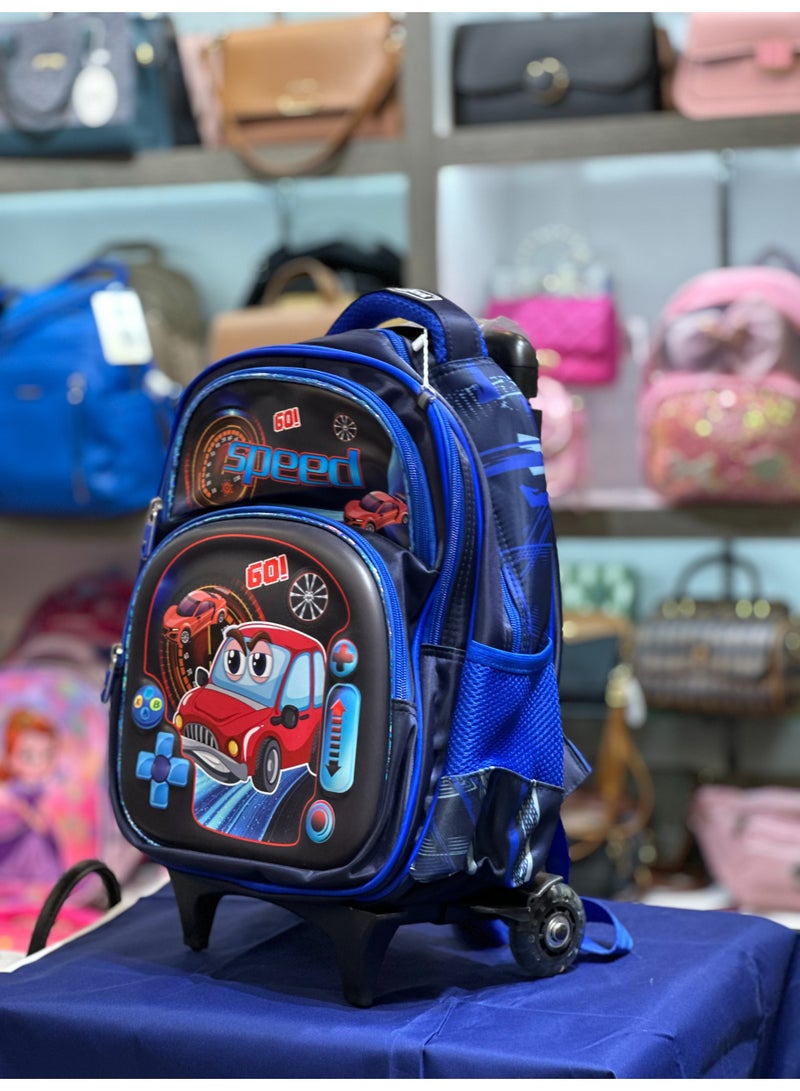 RIMAGE Kids Rolling Backpack with Race Car Design, Blue and Black, Wheeled School Bag with Speed Theme - Image 3