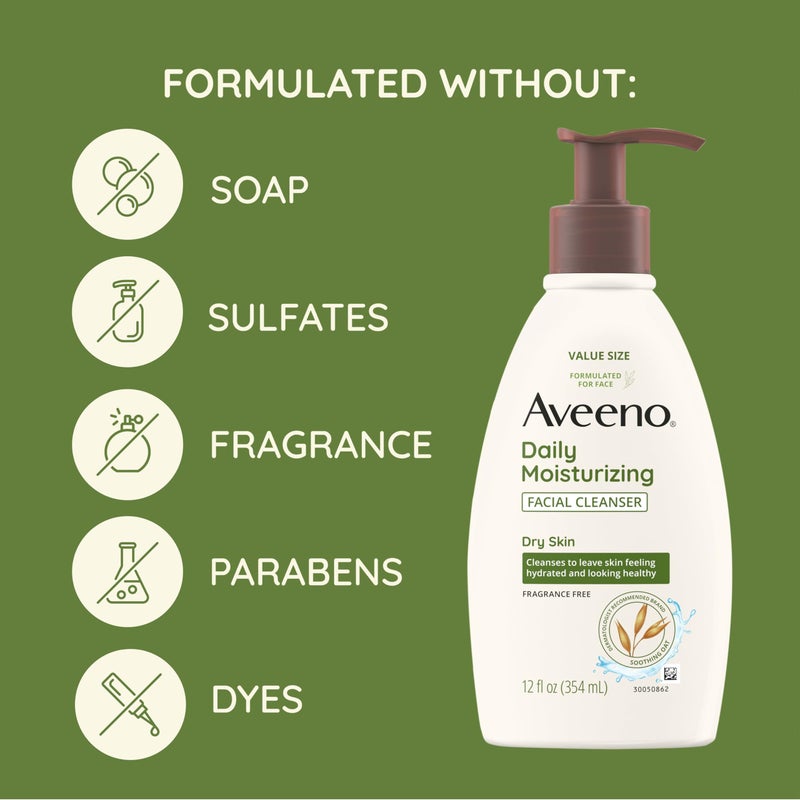 Aveeno Daily Moisturizing Facial Cleanser for Dry Skin, Gentle Face Cleanser with Soothing Oat for Skin that Feels Soft & Supple, Removes Dirt, Oil and Impurities, Fragrance Free, 12 FL OZ - Image 4