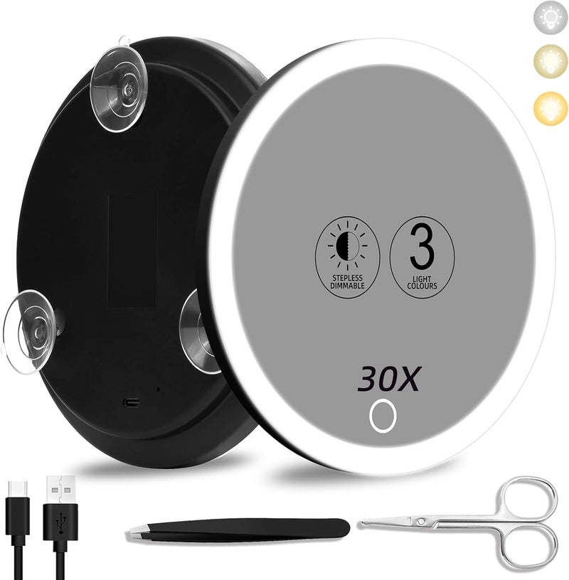 Suupvaor 30x Magnifying Mirror With Light, 3 Colors Dimming Lighted With 3 Suction Cups, Travel Light Up High Magnification Makeup Mirror With Tweezers Scissors - Image 1