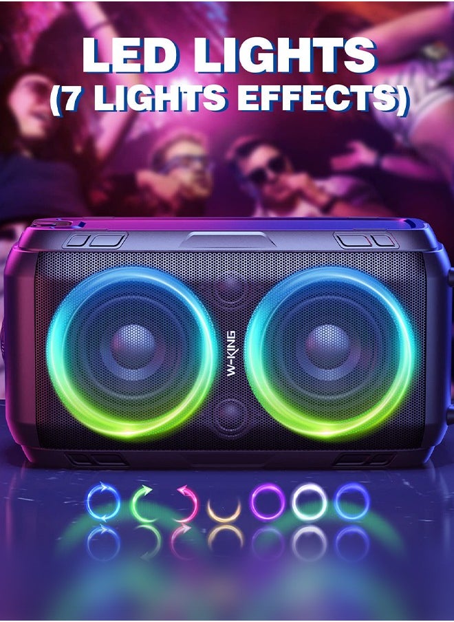 Bluetooth Speaker, W-KING 80 W Portable Wireless Speaker Box Music Box, Loud with Pressure Bass, Powerful 105 dB Sound, Mixed Color LED Lights, USB Playback, 24 Hours Playtime, Black