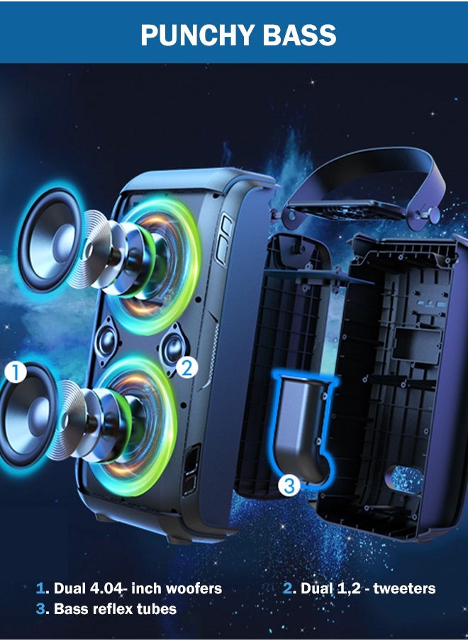 Bluetooth Speaker, W-KING 80 W Portable Wireless Speaker Box Music Box, Loud with Pressure Bass, Powerful 105 dB Sound, Mixed Color LED Lights, USB Playback, 24 Hours Playtime, Black