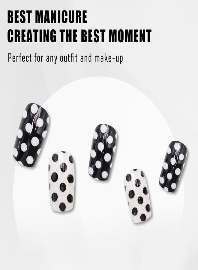 HJKDSFD Black White Press on Nails Square Fake Nails Medium Short False Nails with Dots Designs Full Cover Glossy Acrylic Reusable Artificial Stick on Nails Holiday Daily Wear for Women Girls 24Pcs - Image 3